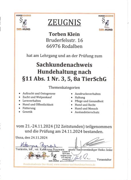 Sachkundenachweis gem. §11 TierSchG